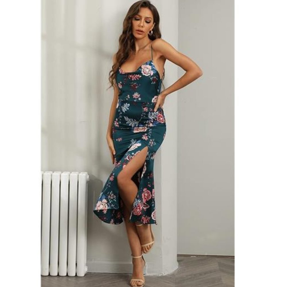 Green Floral Print Satin Cowl Neck‎ Bodycon Cami Dress Midi Party Cocktail Dress